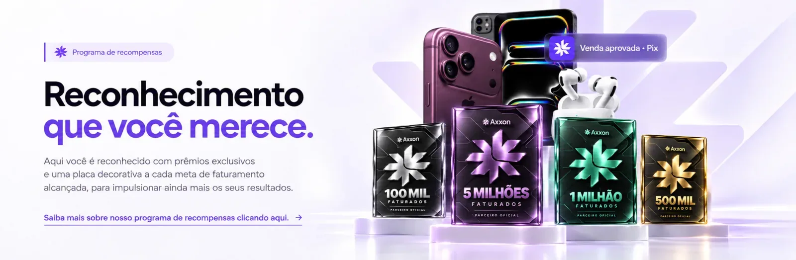 Smartphones, fones de ouvido e placas Axxon de 100 mil, 500 mil, 1 milhão e 5 milhões em faturamento.
